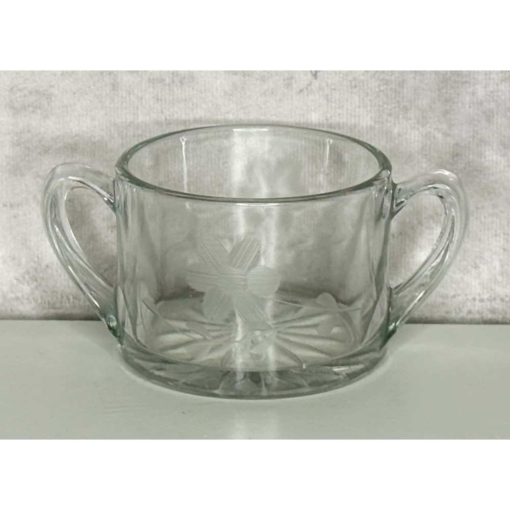 Vintage Heisy Revere Round Double Handle Glass Sugar Bowl Etched Floral 4" X 5"